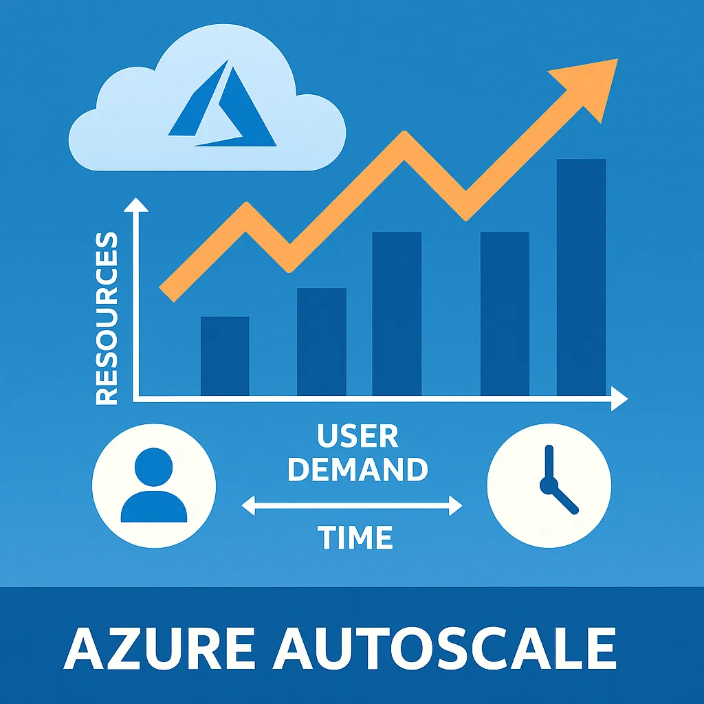 A blue-themed infographic showing Azure Autoscale. A bar chart illustrates increasing resource allocation over time with rising user demand. The chart is labeled with "RESOURCES," "USER DEMAND," and "TIME," with an orange zigzag arrow indicating scaling activity and a bold "AZURE AUTOSCALE" title below.