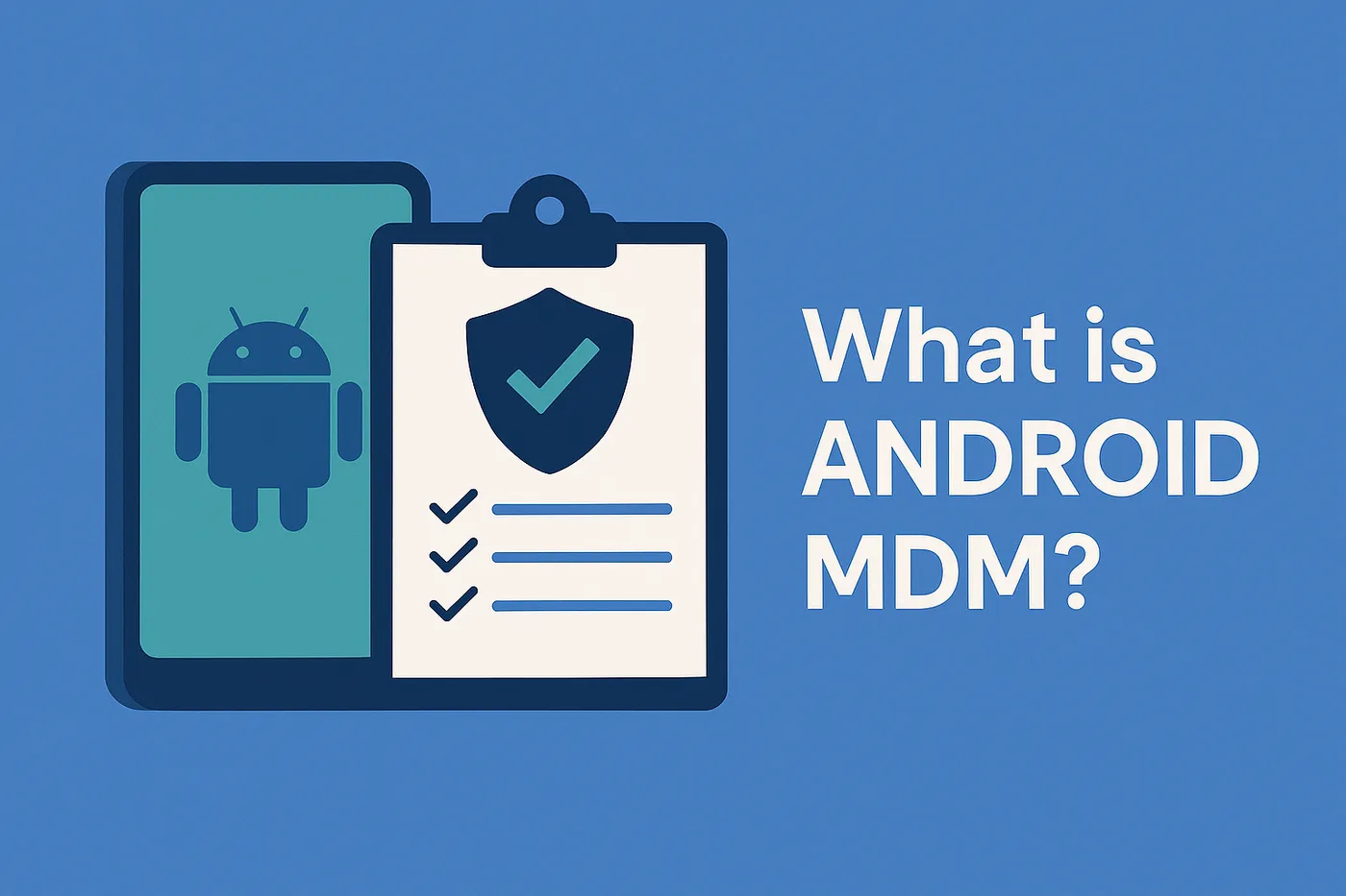 A clean digital illustration with a green Android smartphone on the left and a clipboard featuring a security shield and checklist on the right. Bold white text on the blue background asks "What is ANDROID MDM?"