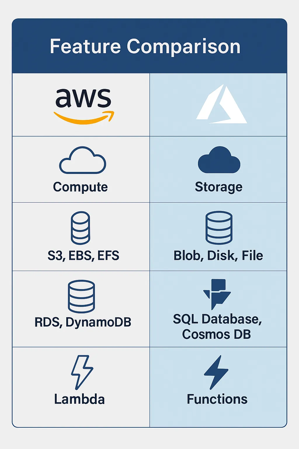 A side-by-side infographic summarizing AWS vs Microsoft Azure core services: Compute, Storage, Databases and Serverless