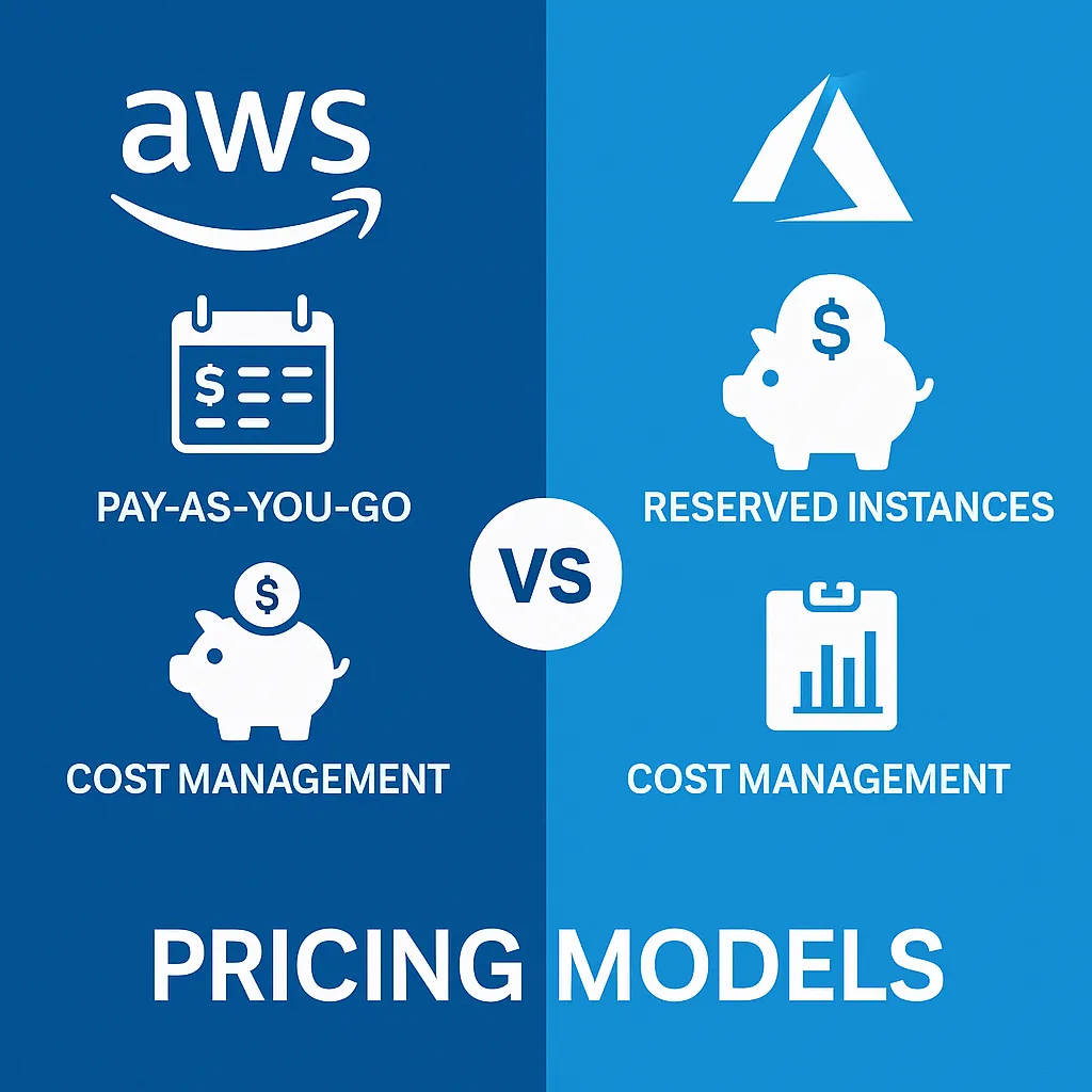 A split infographic comparing AWS and Azure pricing models. The left side shows AWS with icons for Pay-As-You-Go and cost management, while the right shows Azure with Reserved Instances and cost control tools. A "VS" circle separates both, with "PRICING MODELS" labeled at the bottom.