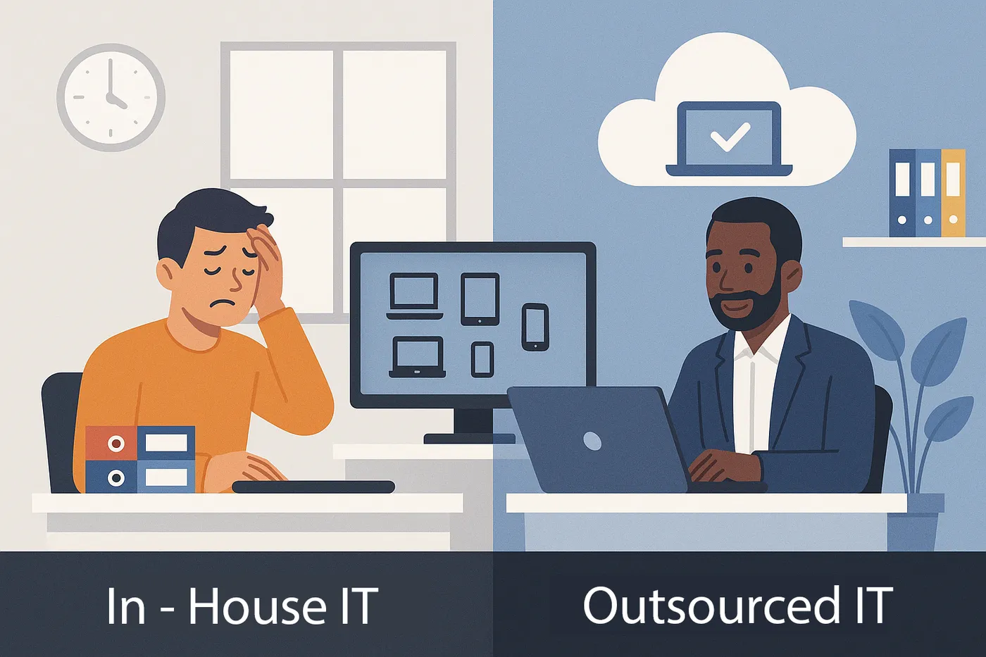 Visual comparison of in-house IT struggling with device management versus an outsourced provider using Microsoft tools for efficient setup.