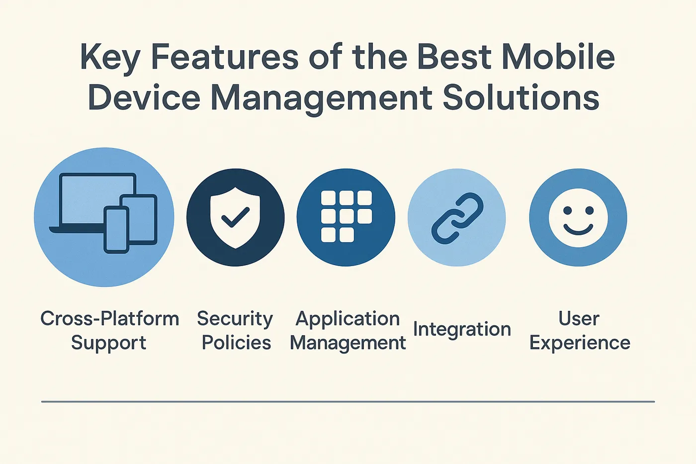 A horizontal infographic showcasing five key features of top MDM solutions: cross-platform support, security policies, application management, integration, and user experience—each represented by a circular blue icon and labeled text on a neutral background.