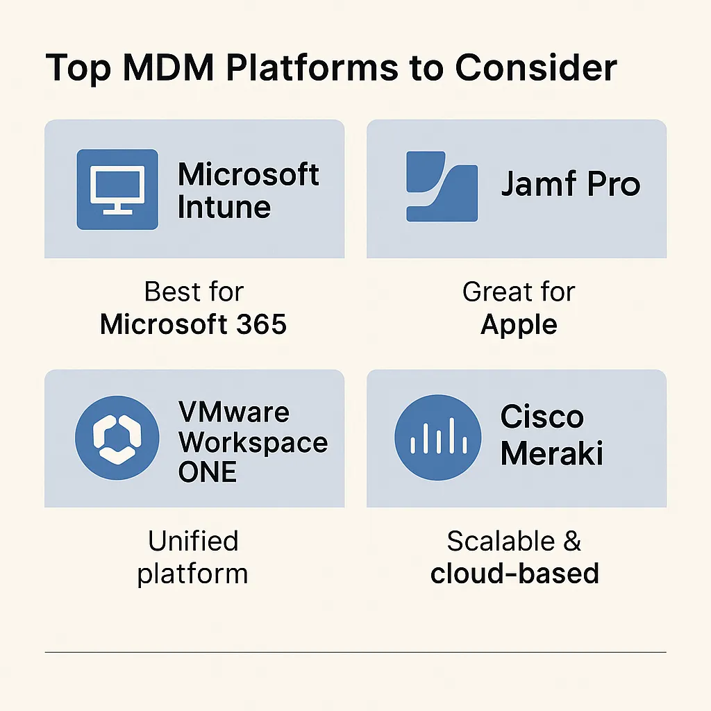 A grid-style infographic highlighting four top MDM platforms: Microsoft Intune ("Best for Microsoft 365"), Jamf Pro ("Great for Apple"), VMware Workspace ONE ("Unified platform"), and Cisco Meraki ("Scalable & cloud-based"). Each is displayed with a matching blue icon and brief descriptor on a neutral background.