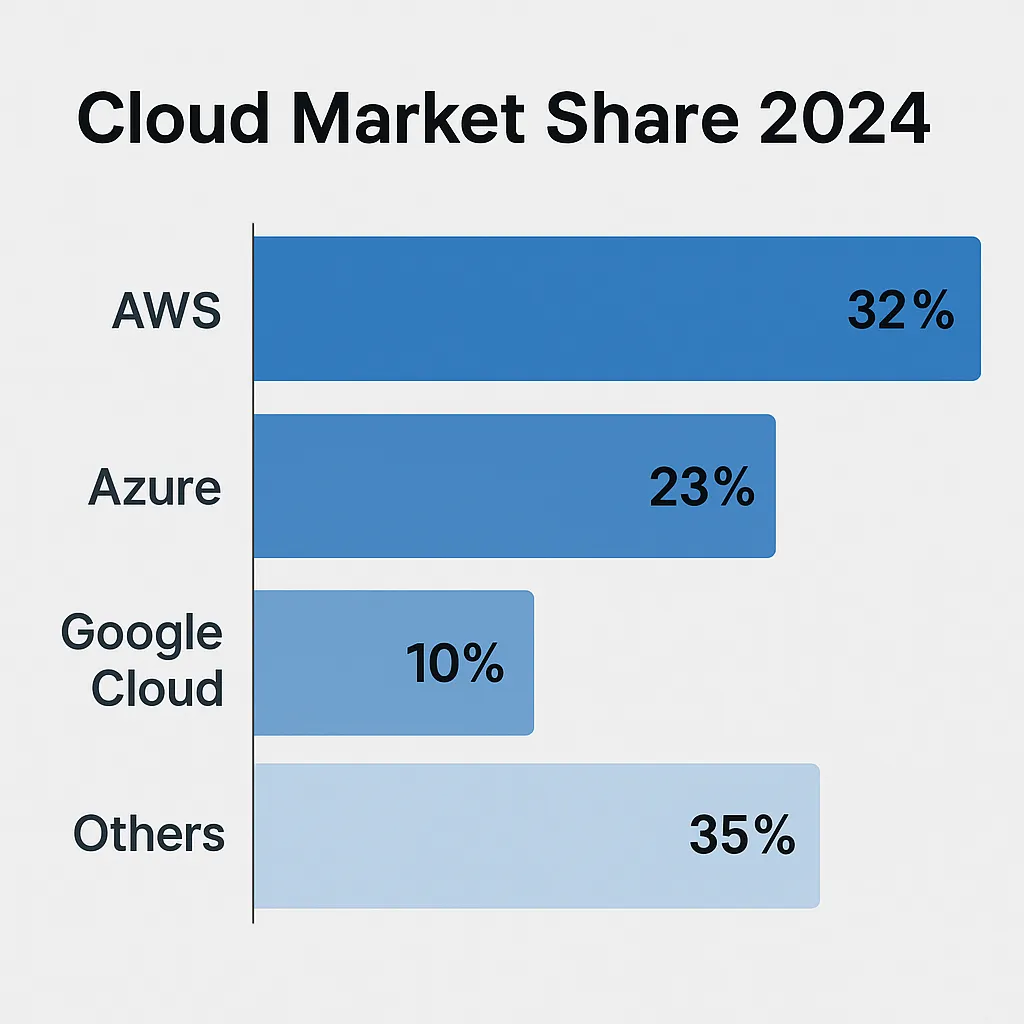 A horizontal bar chart titled "Cloud Market Share 2024" showing AWS at 32%, Azure at 23%, Google Cloud at 10%, and Others at 35%, accurately totaling 100%. Each provider is represented with a blue-toned bar on a clean gray background.
