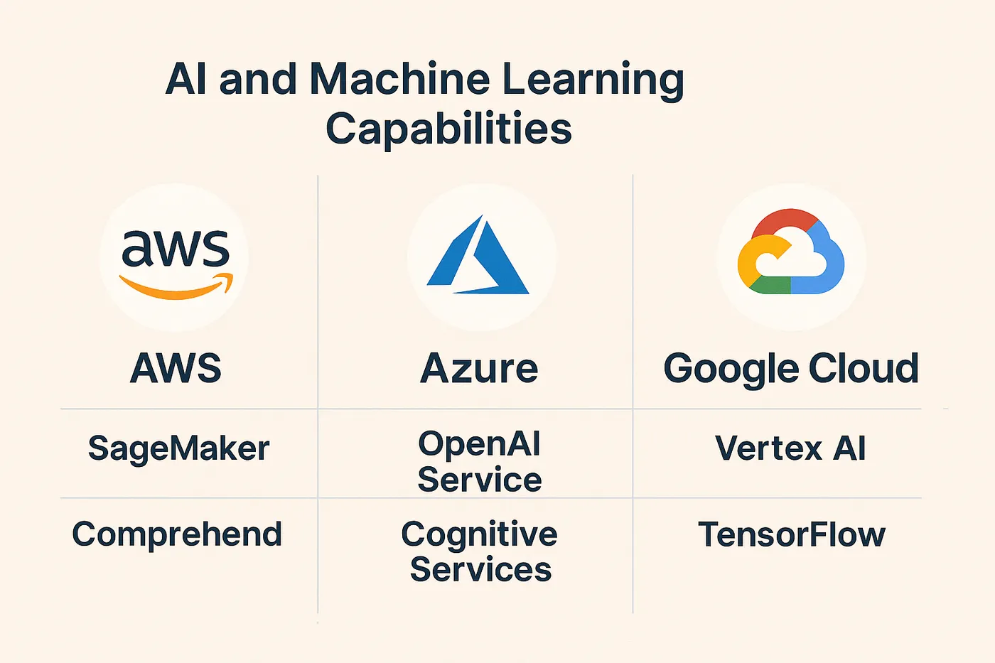A comparative infographic titled "AI and Machine Learning Capabilities" with three columns, each featuring a cloud provider's logo and two key services: AWS with SageMaker and Comprehend, Azure with OpenAI Service and Cognitive Services, and Google Cloud with Vertex AI and TensorFlow.