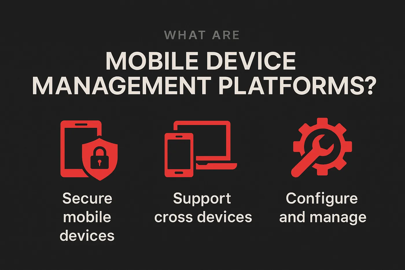 A visual titled "What Are Mobile Device Management Platforms?" featuring red icons and descriptions for securing mobile devices, cross-device support, and configuration management on a dark gray background.