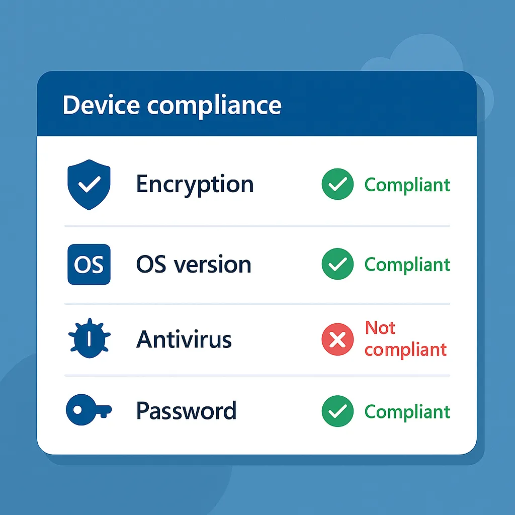 Dashboard-style illustration of Intune device compliance checks, including encryption, OS version, antivirus, and password status.