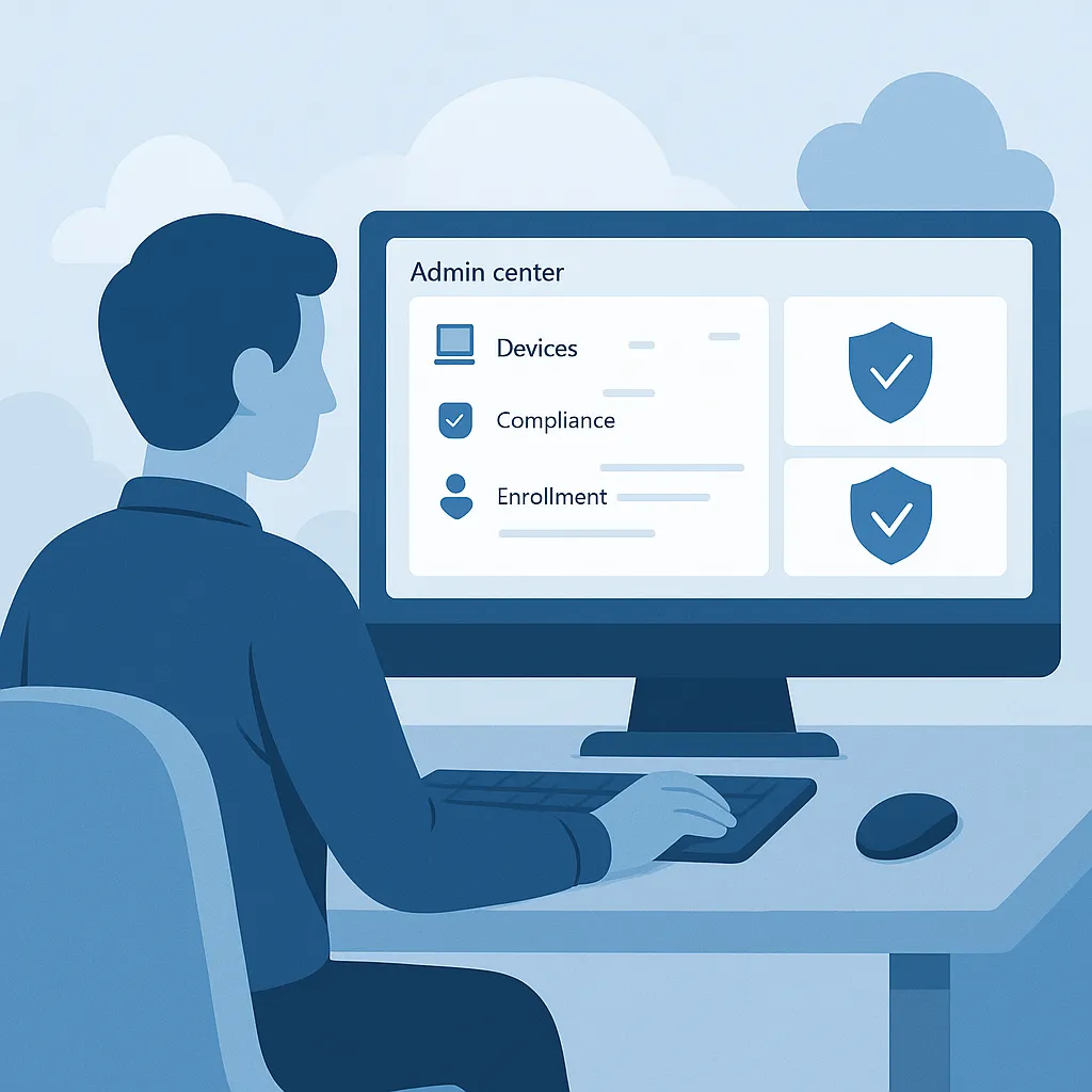 IT administrator navigating Microsoft Endpoint Manager dashboard to set up Intune device enrollment and policies