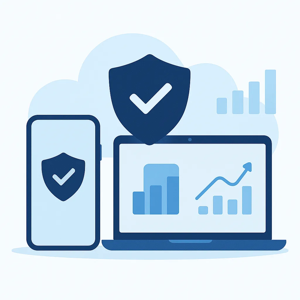 Devices with compliance shield and reporting charts illustrating Intune monitoring and security enforcement