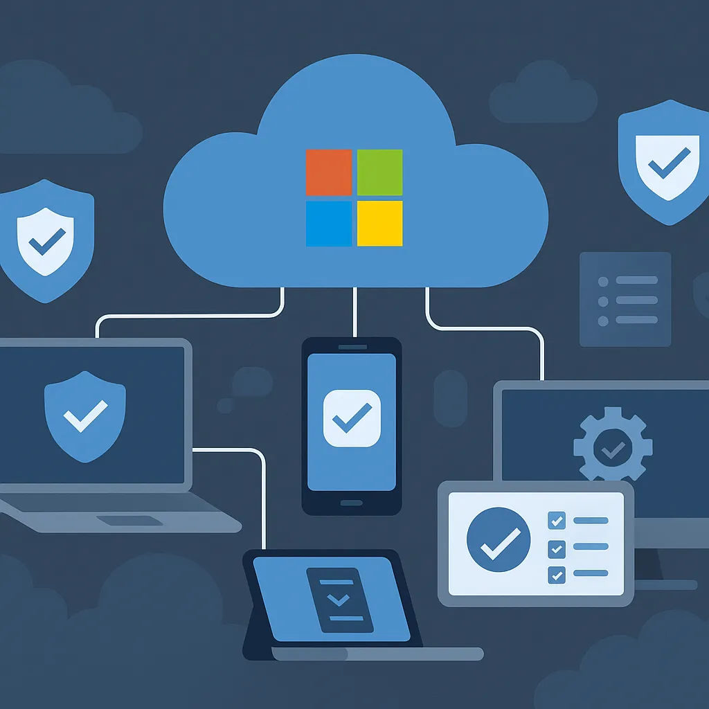 Diagram of devices enrolled in Microsoft Intune with compliance and policy icons connected to a central Microsoft cloud