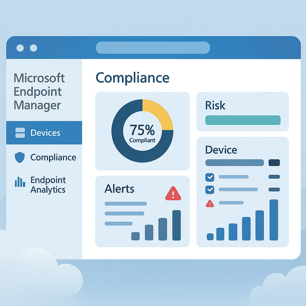 Illustration replicating Endpoint Manager dashboard with compliance overview, risk reports, and Endpoint Analytics
