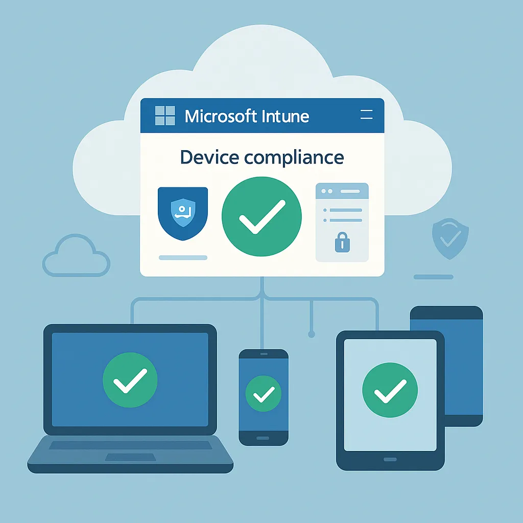 Illustration showing Microsoft Intune managing remote laptops, phones, and tablets from a centralized cloud dashboard with compliance icons.