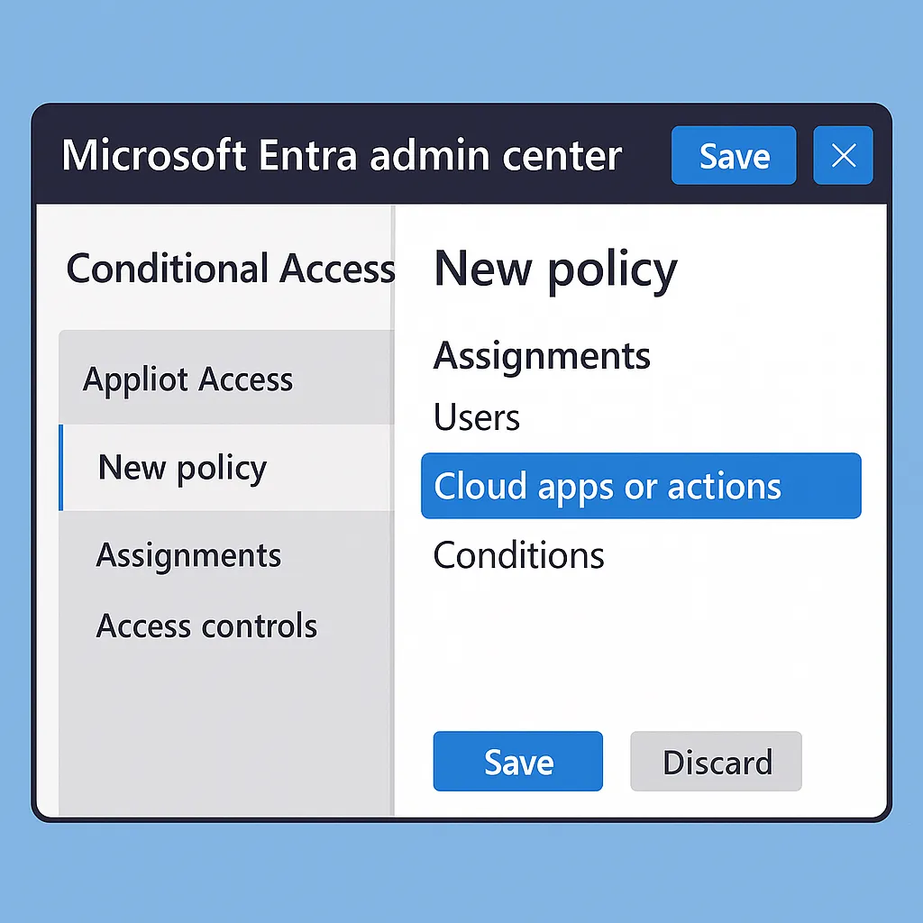 Illustration of Microsoft Entra Admin Center showing Conditional Access policy setup screen