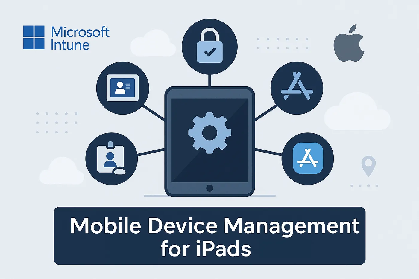 Infographic showing how iPads are managed remotely via MDM with icons for security, apps, enrollment, and tracking, aligned with Microsoft and Apple branding.