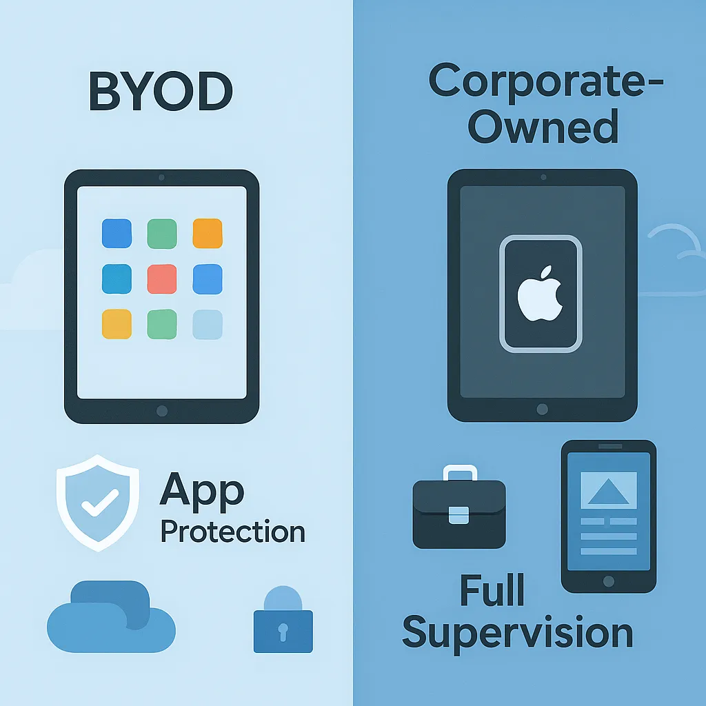 Visual comparison of BYOD versus Corporate-Owned iPad management including app protection for personal devices and full supervision for company-owned tablets.