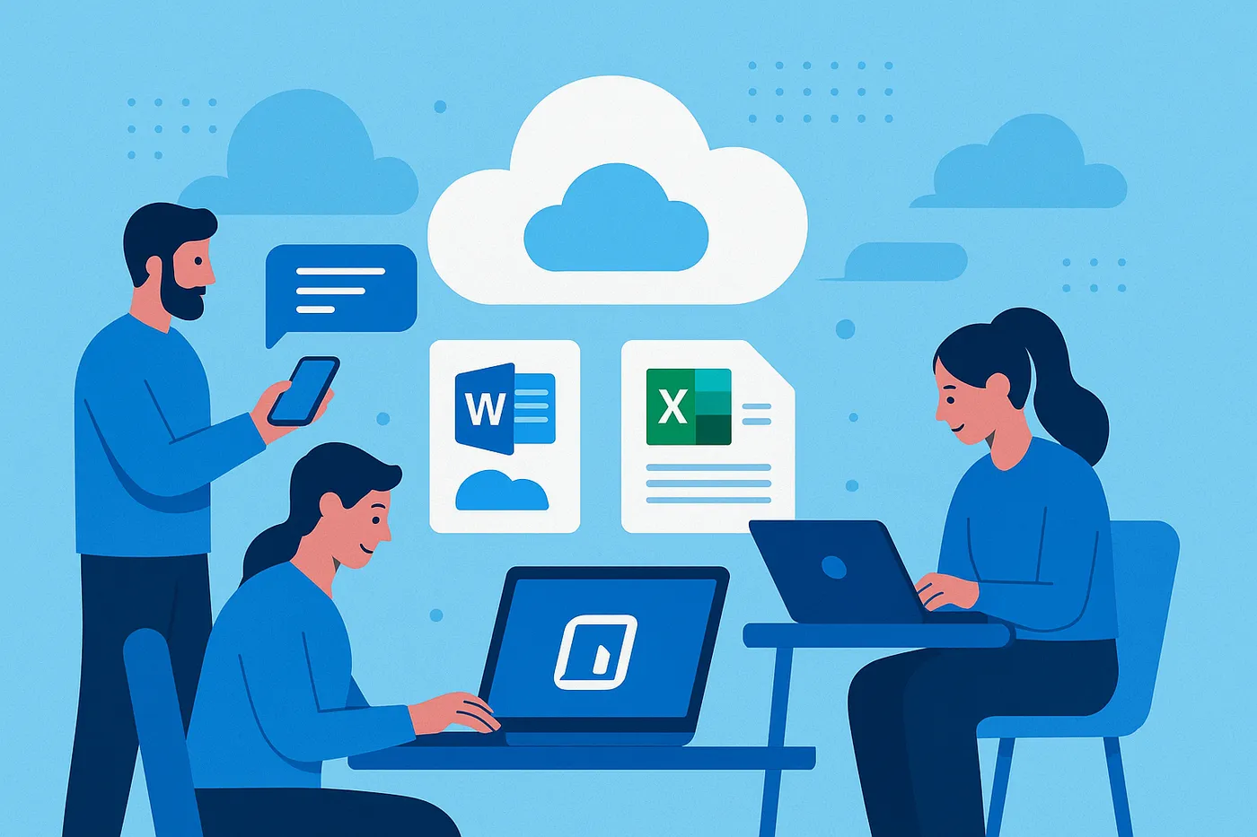 Small business team collaborating using Microsoft 365 apps like Teams, Word, Excel, and cloud documents
