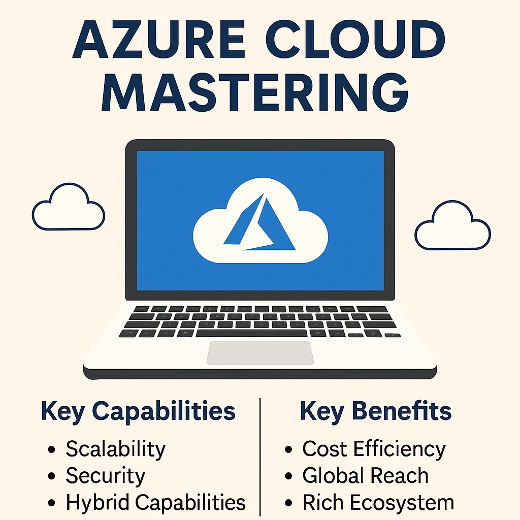 A two-column infographic titled "Azure Cloud Mastering" featuring a laptop with the Azure logo and lists of Azure's key capabilities (Scalability, Security, Hybrid) and benefits (Cost Efficiency, Global Reach, Ecosystem).