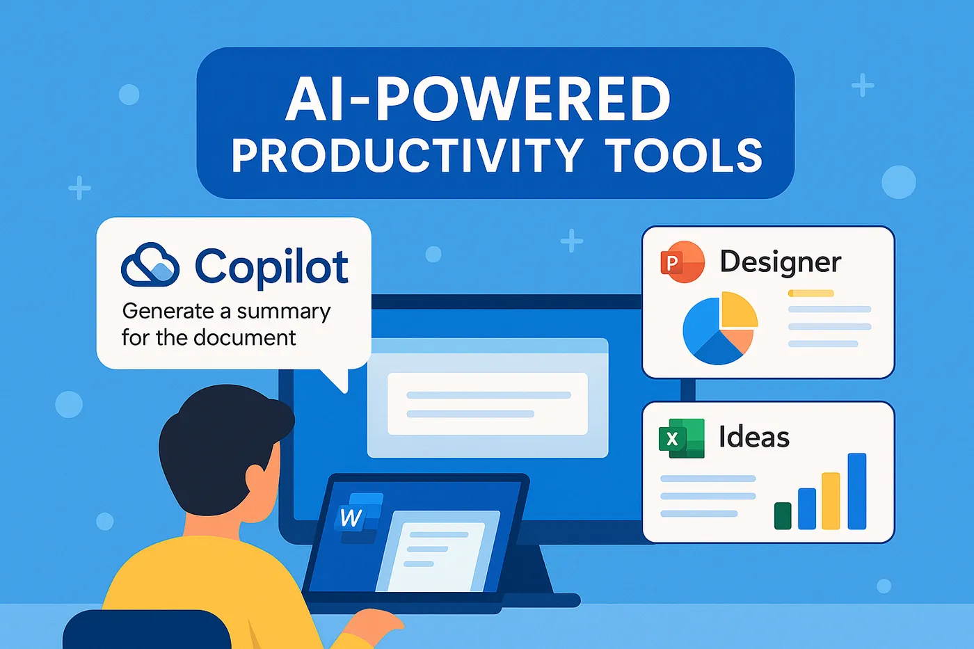Person with a laptop surrounded by AI-powered productivity tools such as Copilot, PowerPoint and Excel.