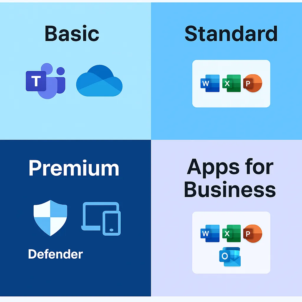Quadrant graphic showing features of Basic, Standard, Premium, and Apps for Business plans with Microsoft icons