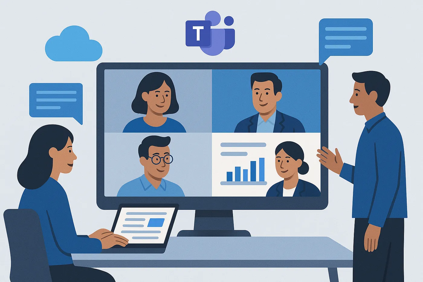 Team meeting on Microsoft Teams with document collaboration and OneDrive cloud access