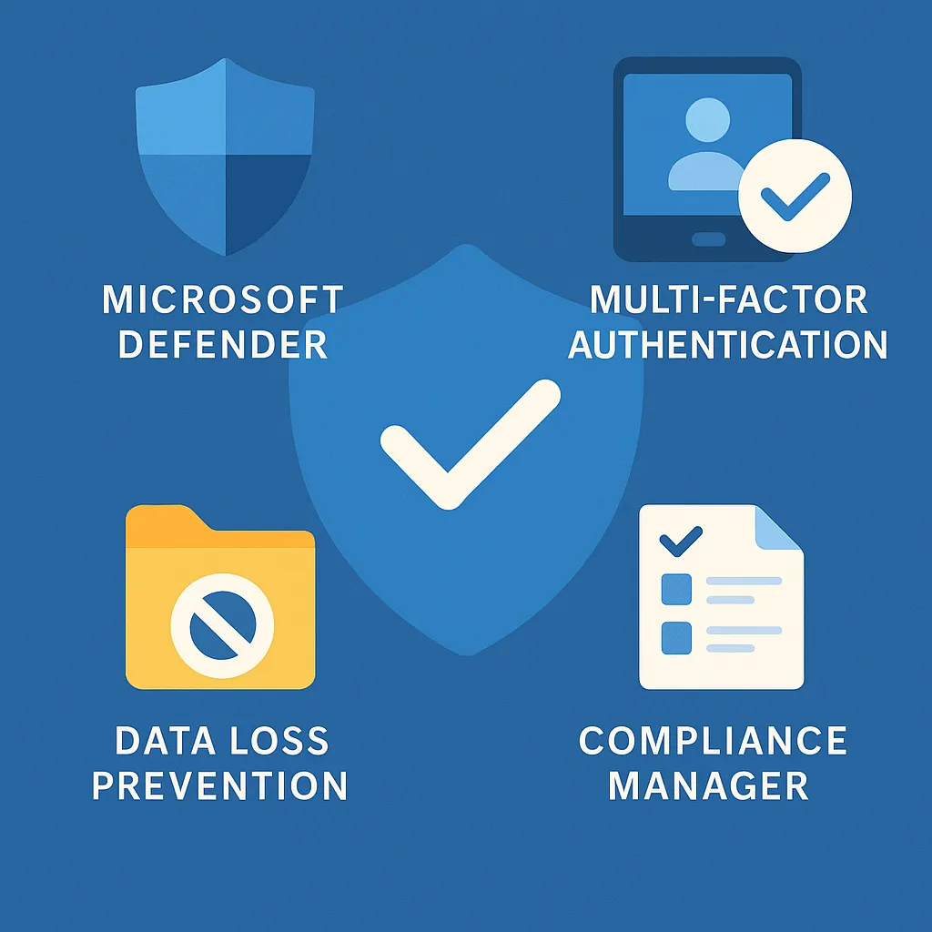 Microsoft Defender, Multi-Factor Authentication, Data Loss Prevention, and Compliance Manager in a secure configuration visual