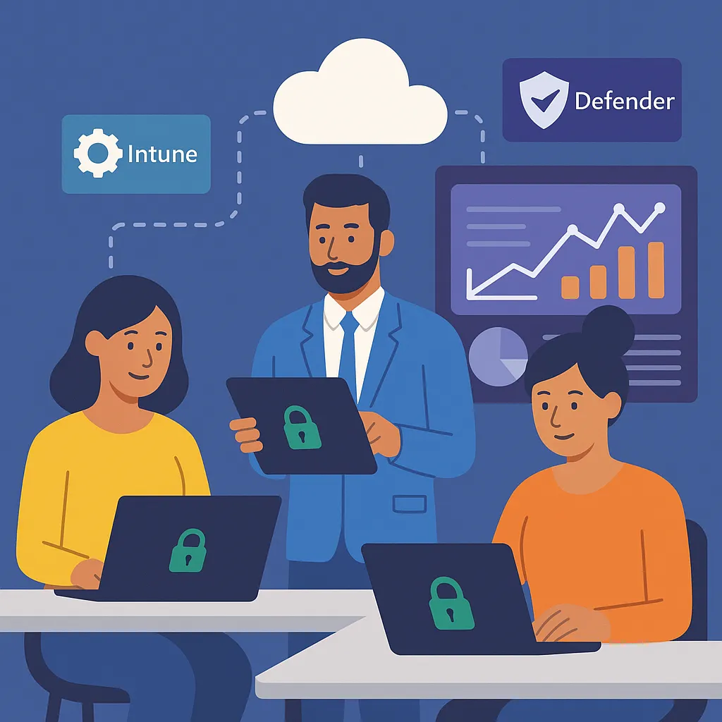 Secure remote team working with laptops using Intune, Defender, and Windows Autopilot for device and identity protection