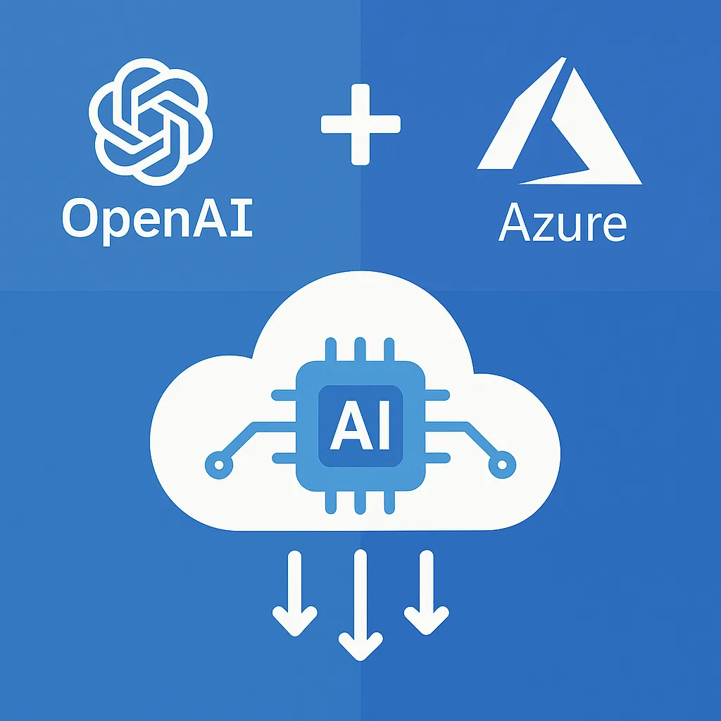 OpenAI and Microsoft Azure logos above a cloud with AI chip and arrows, symbolising scalable AI deployment through cloud