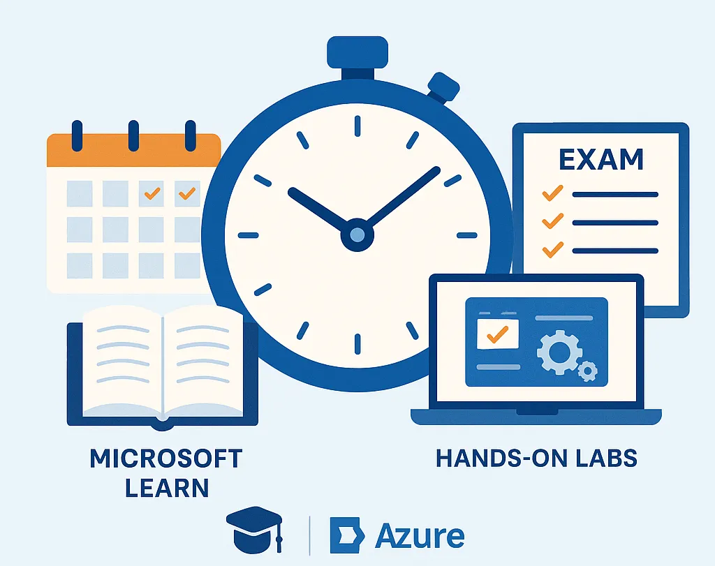A flat-style infographic showing a stopwatch surrounded by icons representing the time commitment of Azure certification: a calendar, open book labeled "Microsoft Learn," computer screen with gears for hands-on labs, and an exam checklist—all under the title "The Time Cost of Microsoft Azure Certification."