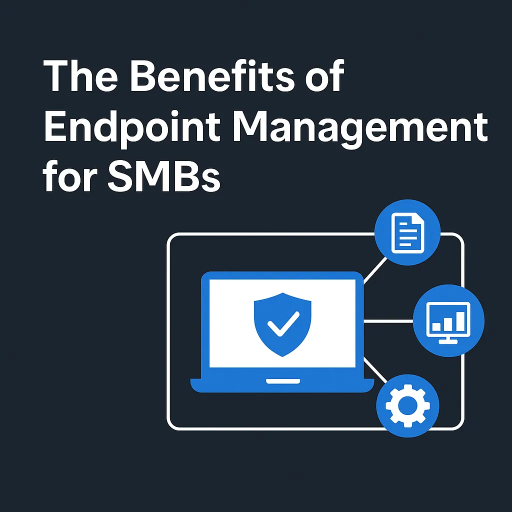 Diagram showing a secure laptop linked to icons for documentation, analytics, and system settings, illustrating endpoint management for SMBs.