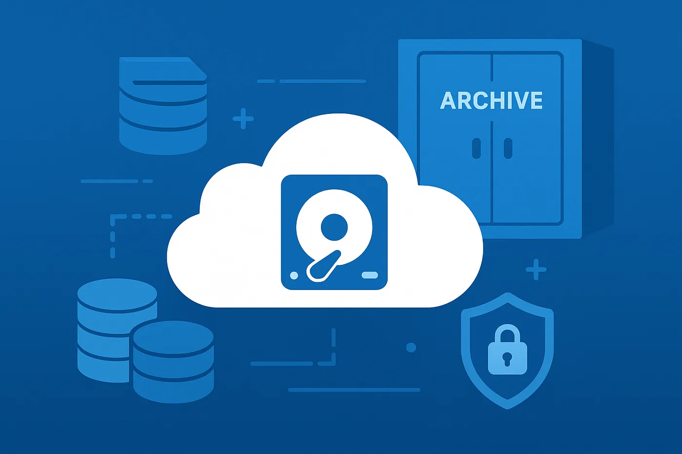 Cloud storage and backup visual showing Azure storage containers, archive cabinet, shield with padlock, and cloud sync