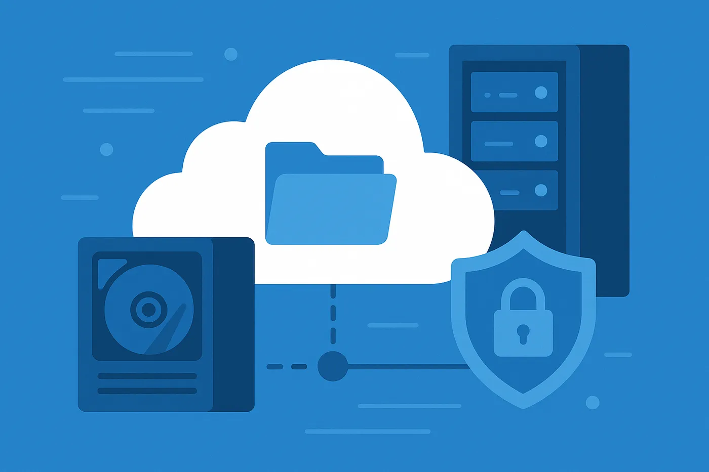 Illustration of cloud file storage connected to a disk drive and server rack, with a security shield